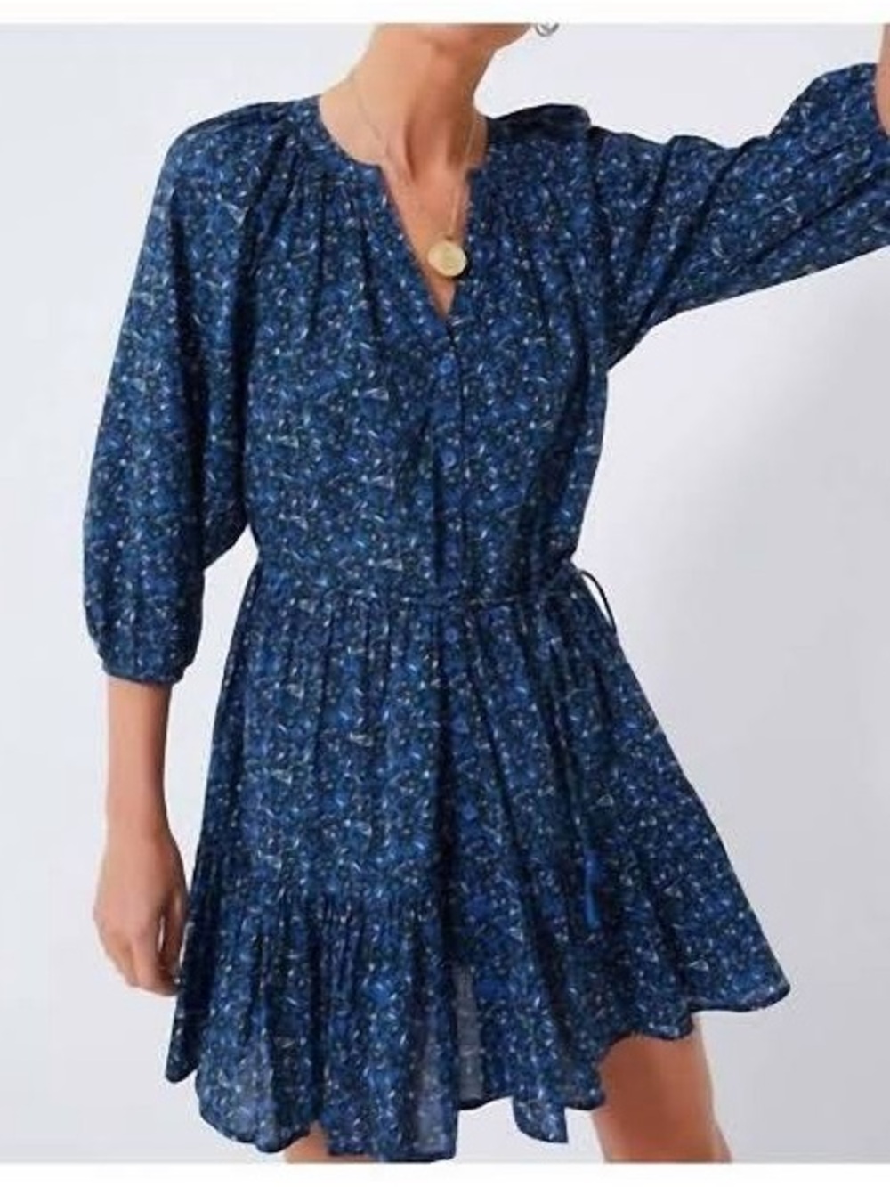 Apiece Apart Navy Floral V-Neck Tiered Mini Dress